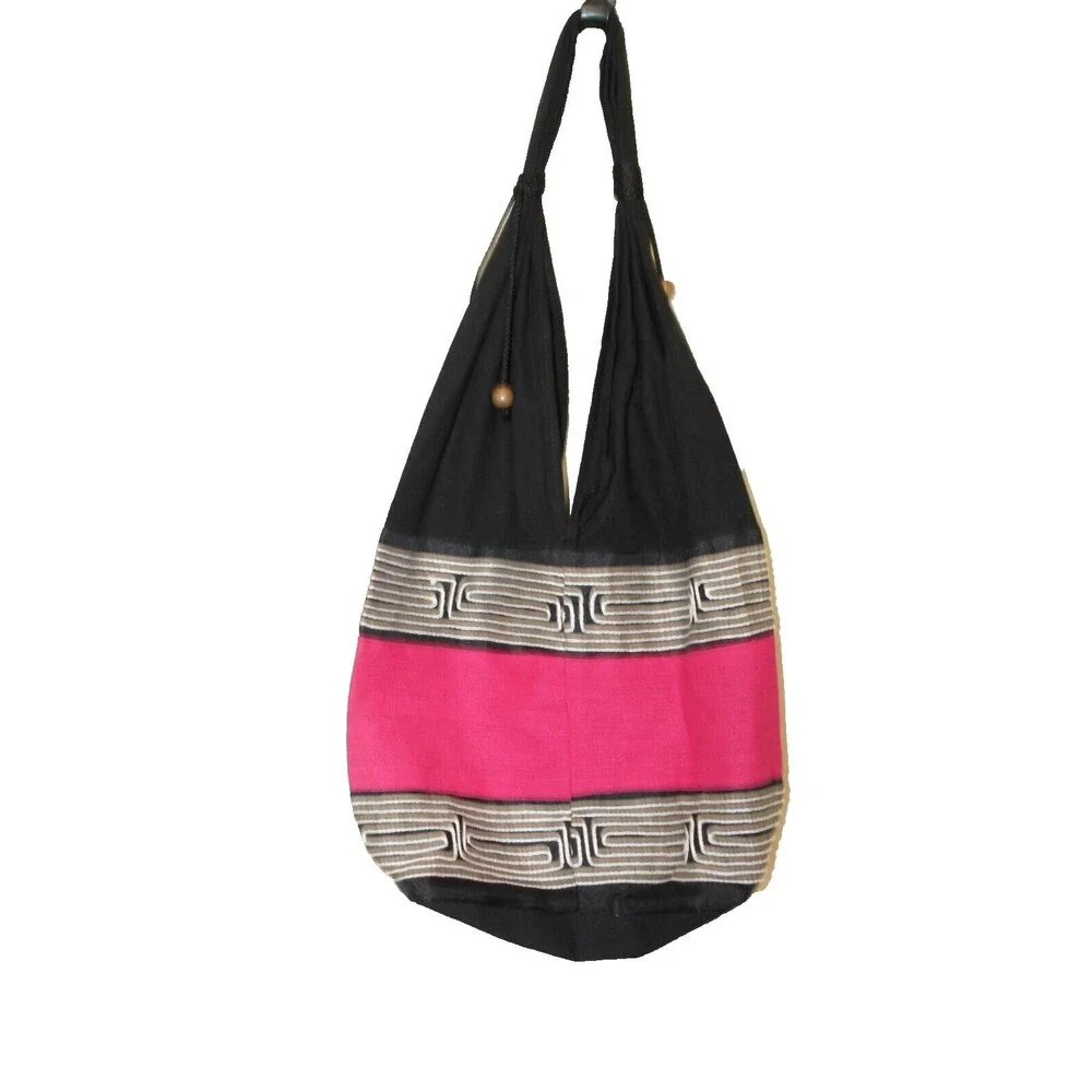Boho India Hobo Sak Bag Cotton Retro Women's Bead Accent Black/Pink/White
